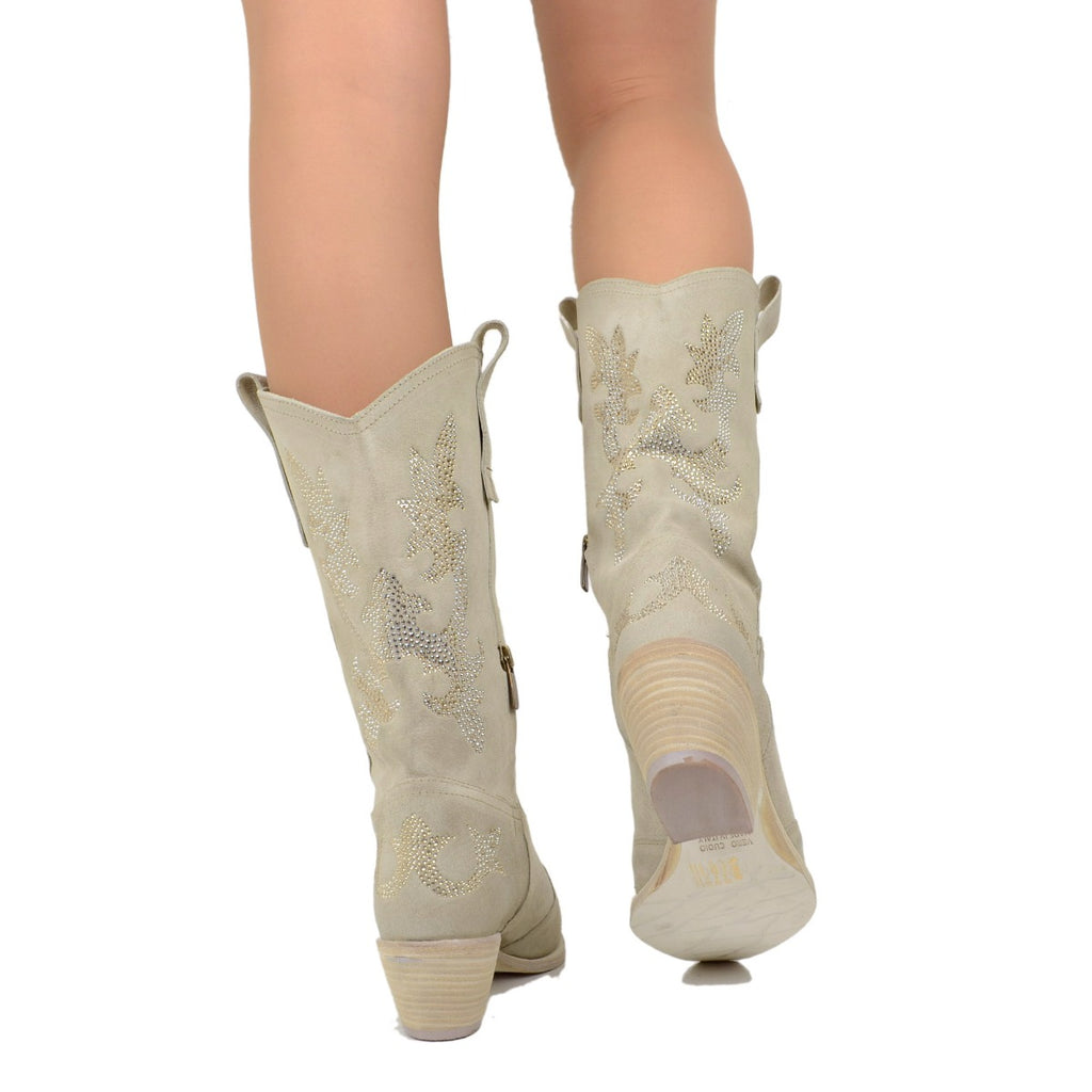 Elegant Cowboy Boots with Rhinestones in Beige Suede Leather - 2