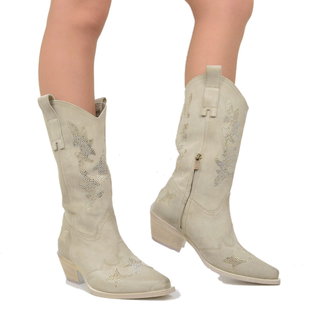 Elegant Cowboy Boots with Rhinestones in Beige Suede Leather - 3