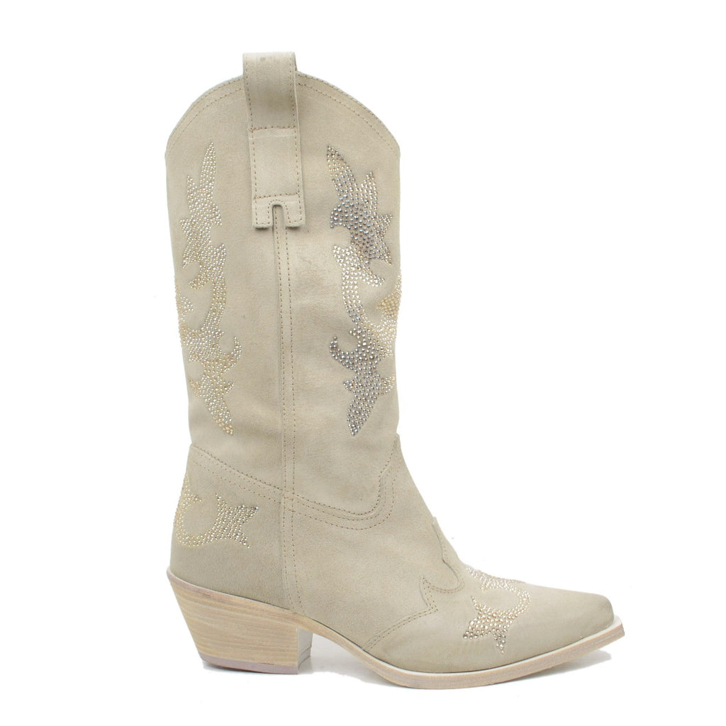 Elegant Cowboy Boots with Rhinestones in Beige Suede Leather - 4