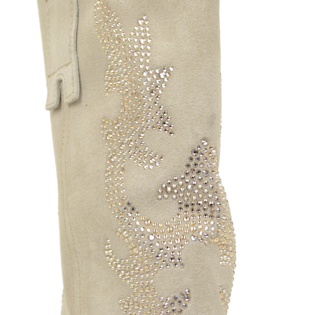 Elegant Cowboy Boots with Rhinestones in Beige Suede Leather - 6