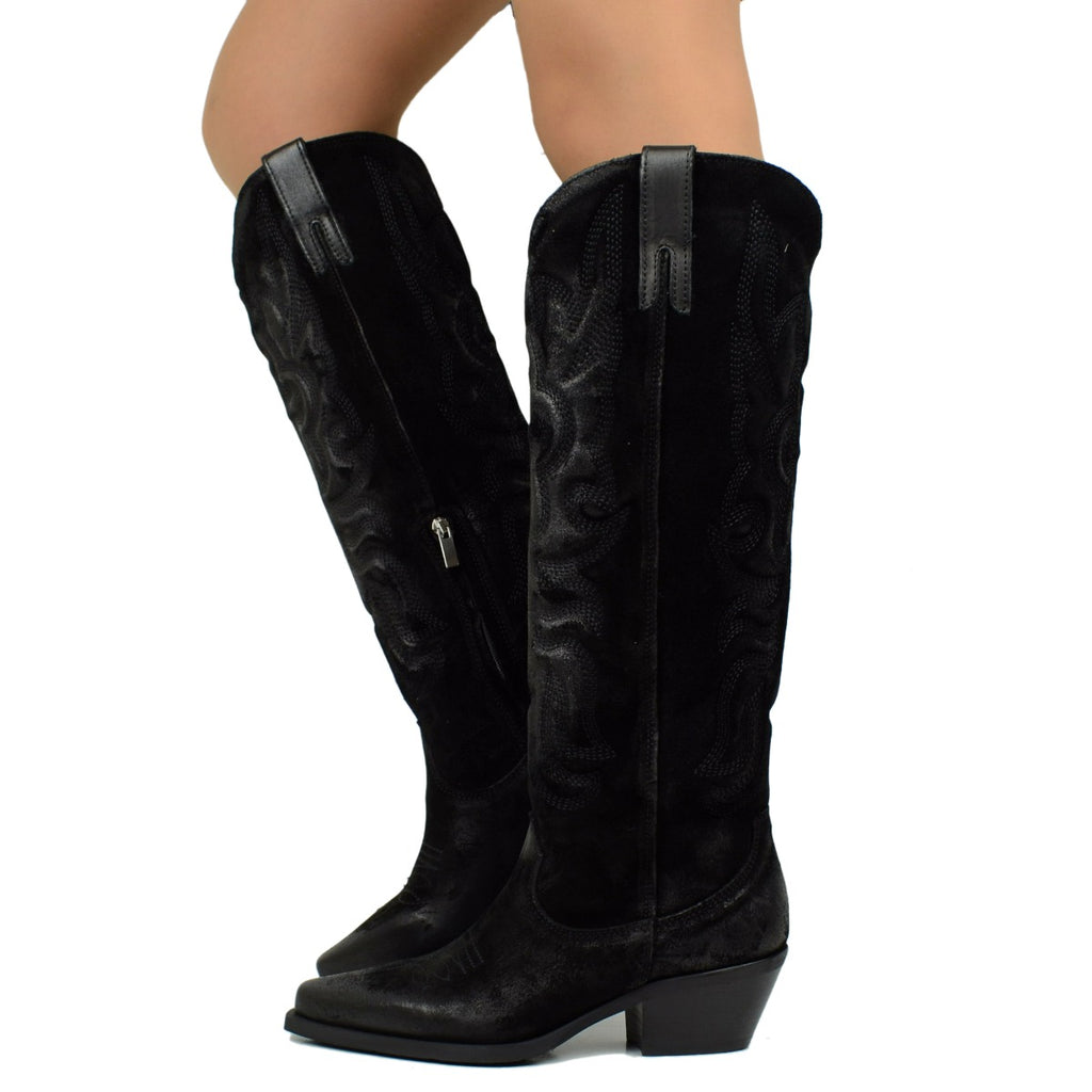 Women's Black Embroidered Texan Boots in Suede with Zip