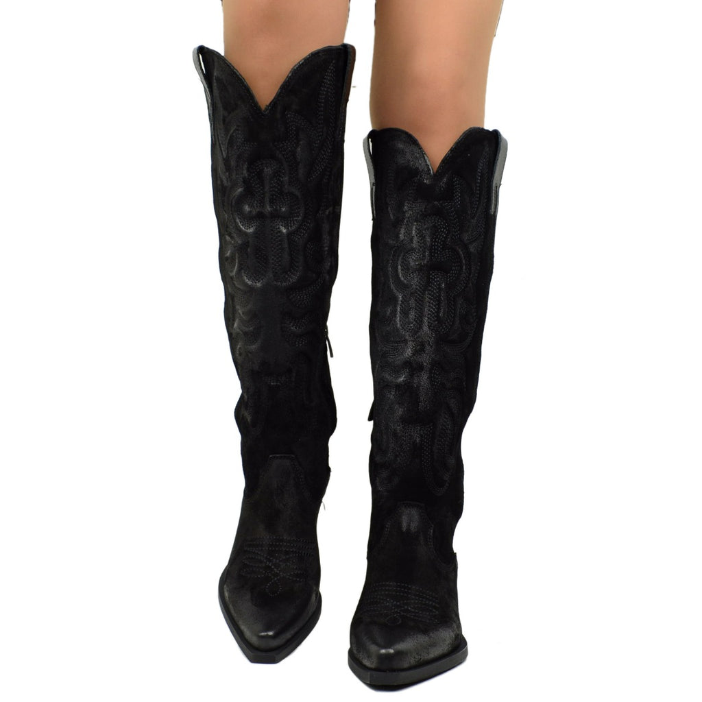 Women's Black Embroidered Texan Boots in Suede with Zip - 3