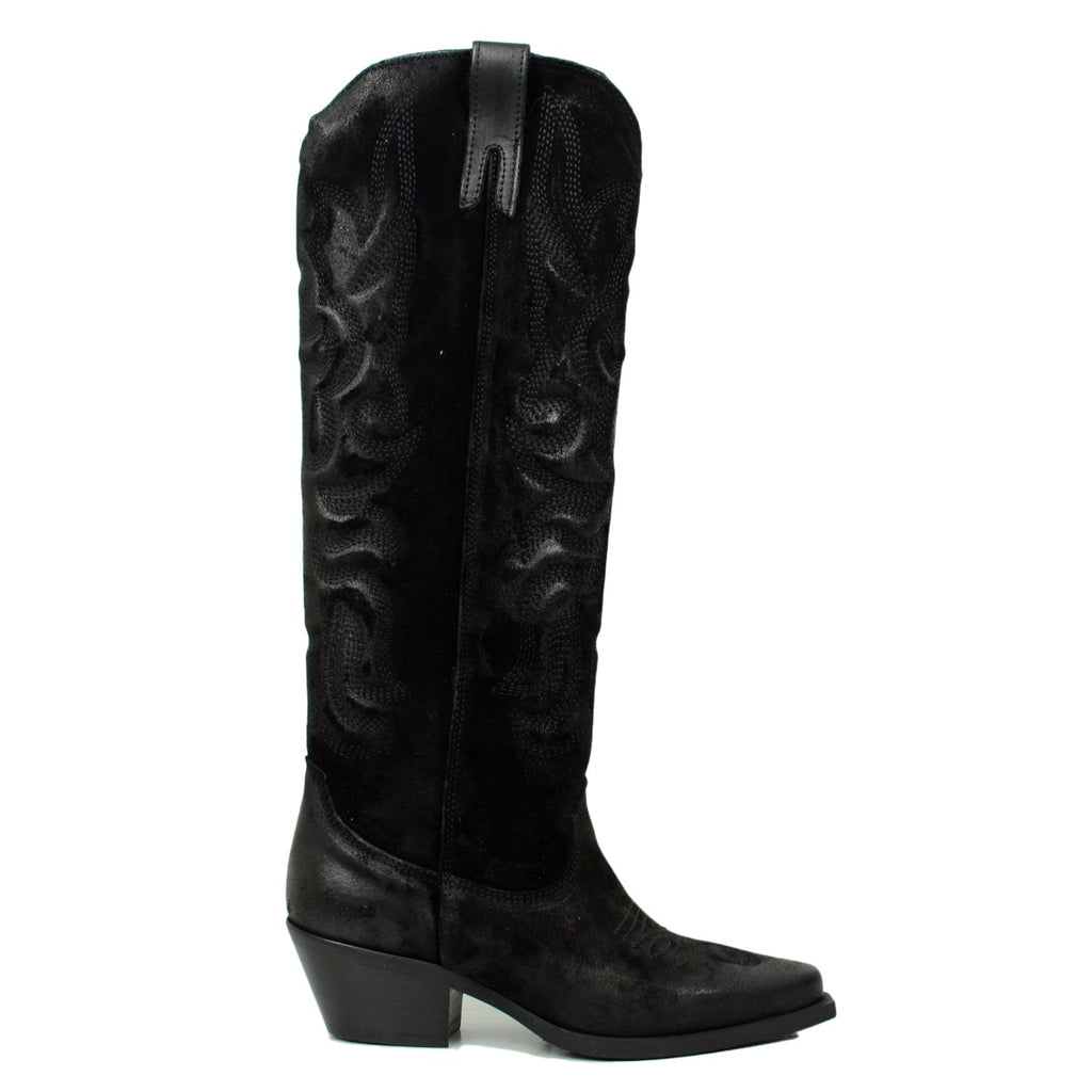 Women's Black Embroidered Texan Boots in Suede with Zip - 2