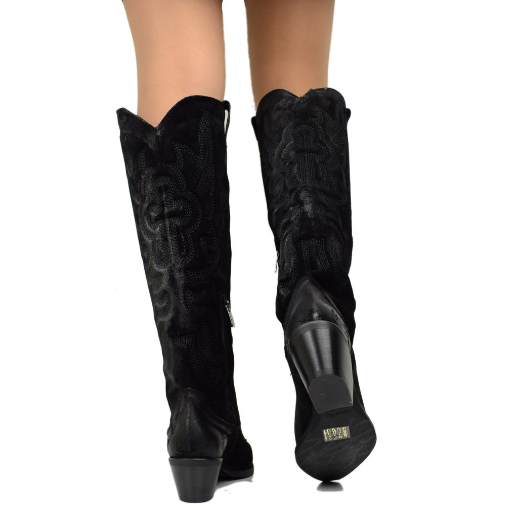 Women's Black Embroidered Texan Boots in Suede with Zip - 5