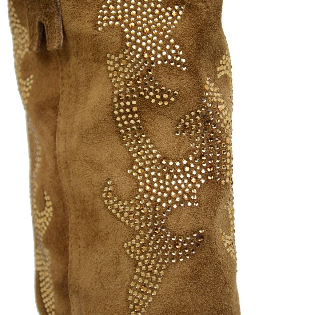Elegant Cowboy Boots with Rhinestones in Taupe Suede Leather - 4