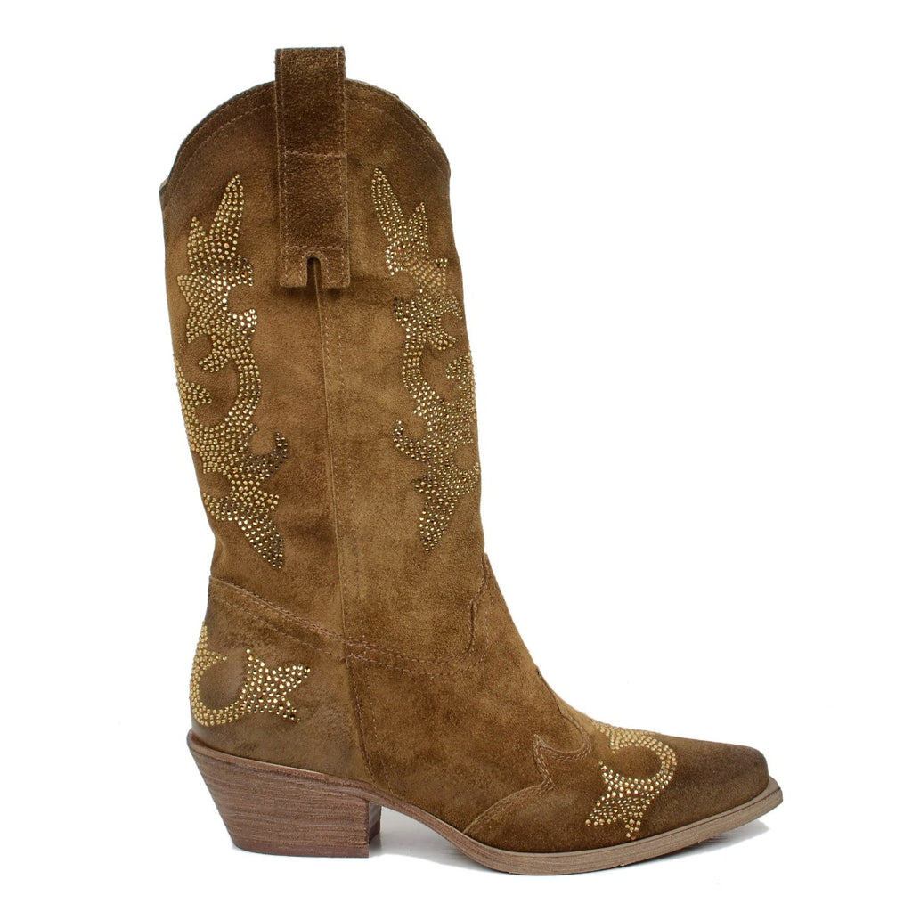 Elegant Cowboy Boots with Rhinestones in Taupe Suede Leather - 5