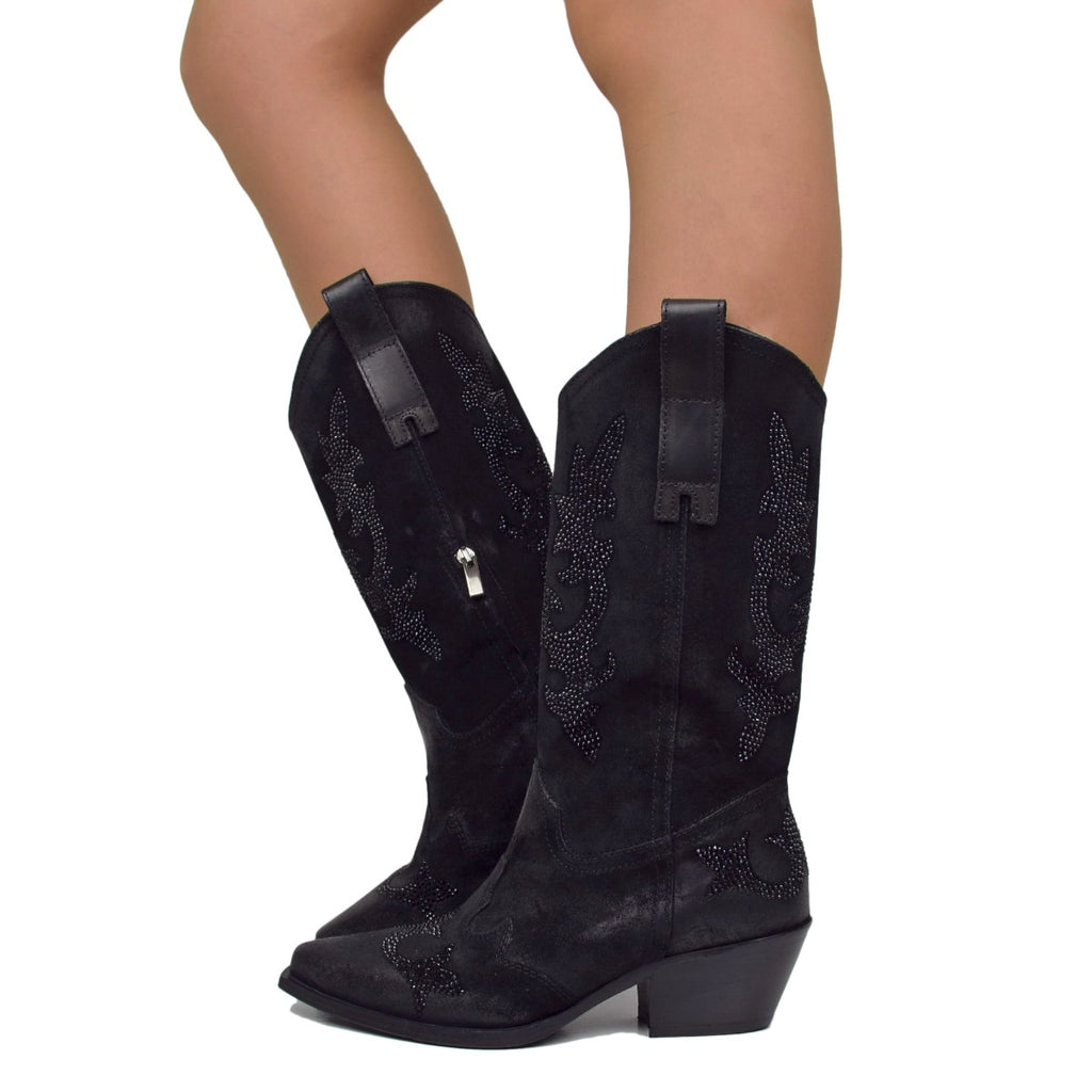 Black Suede Cowboy Boots with Rhinestones