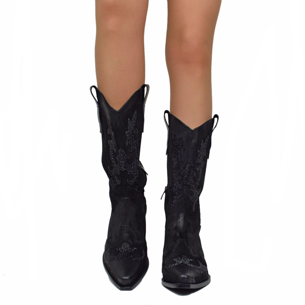 Black Suede Cowboy Boots with Rhinestones - 3