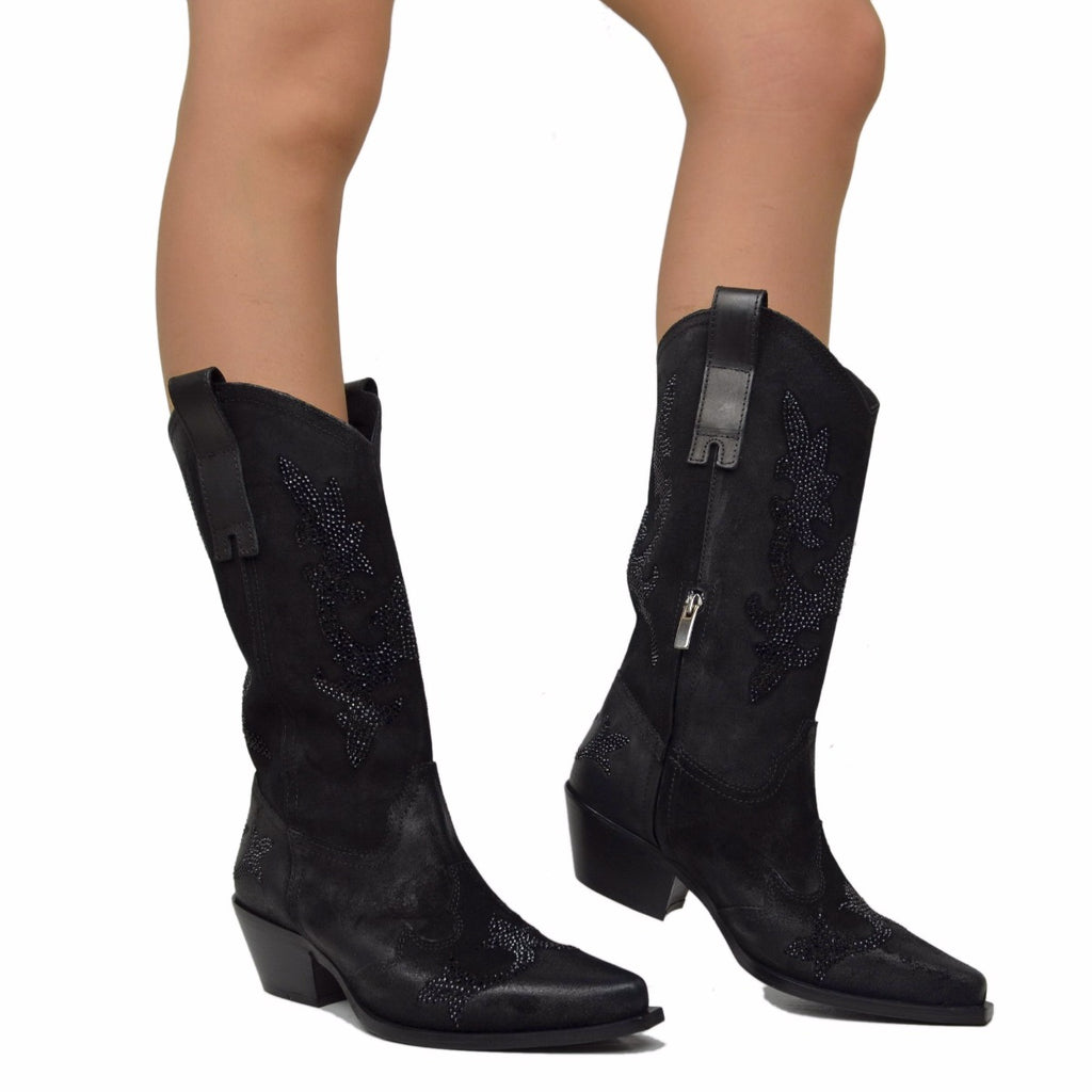 Black Suede Cowboy Boots with Rhinestones - 4