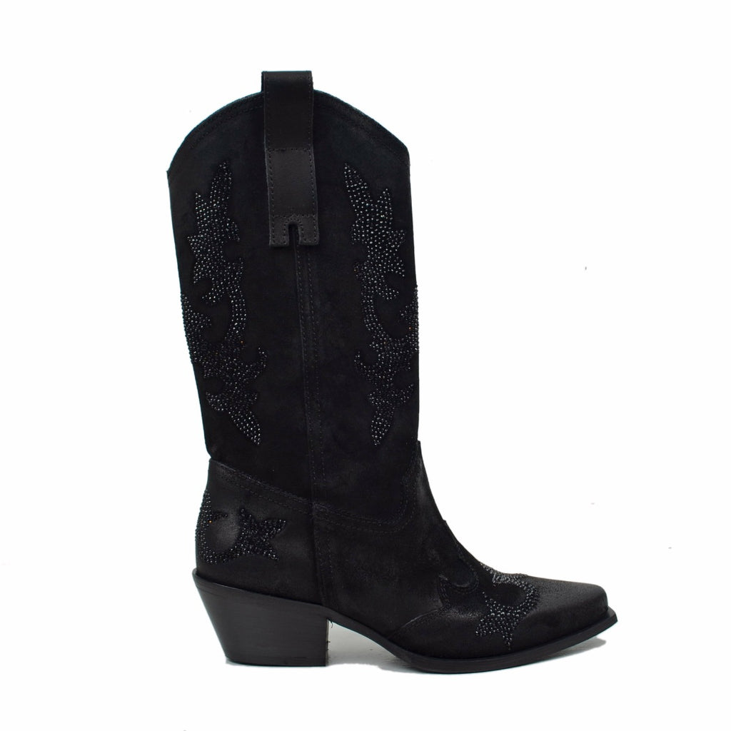 Black Suede Cowboy Boots with Rhinestones - 2