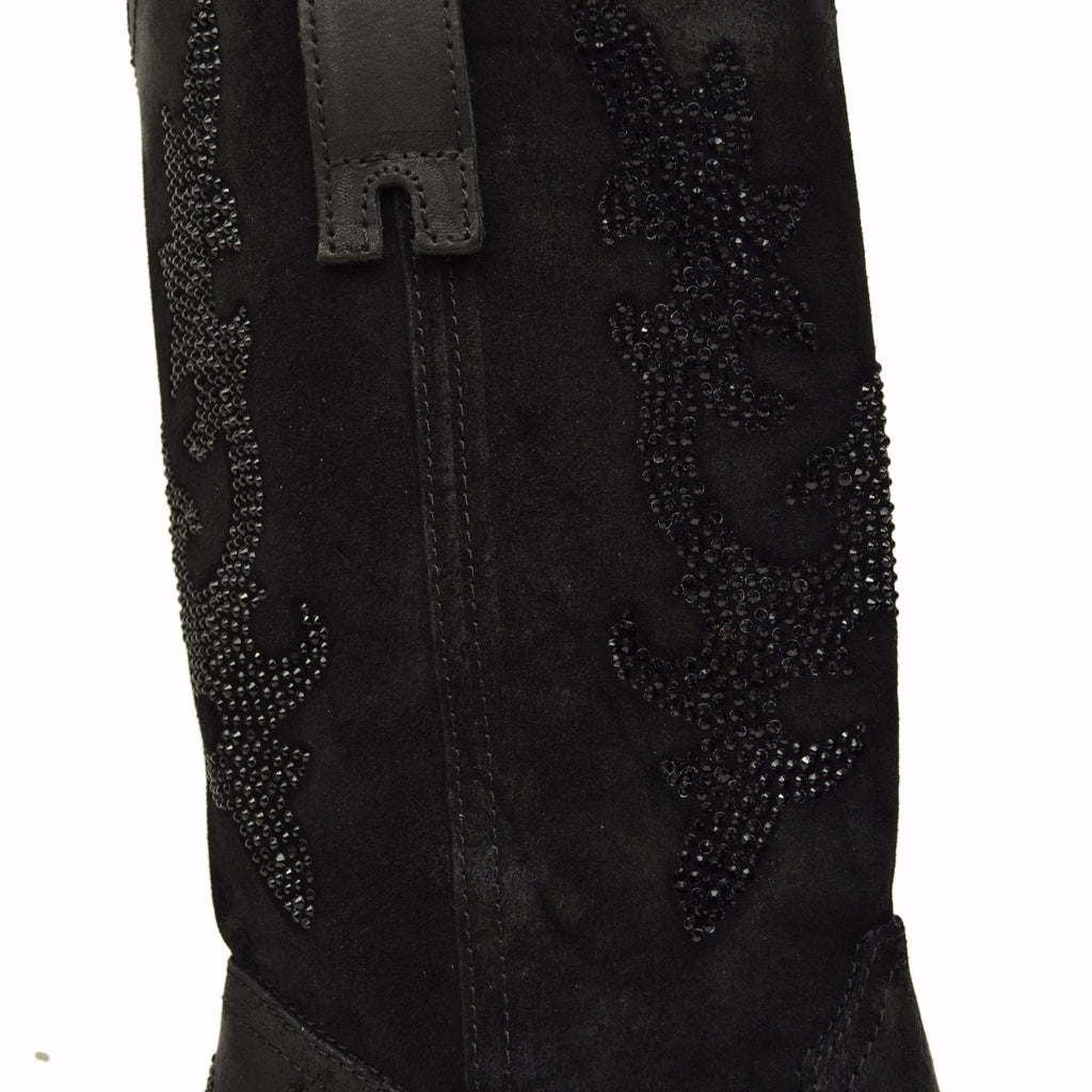 Black Suede Cowboy Boots with Rhinestones - 6