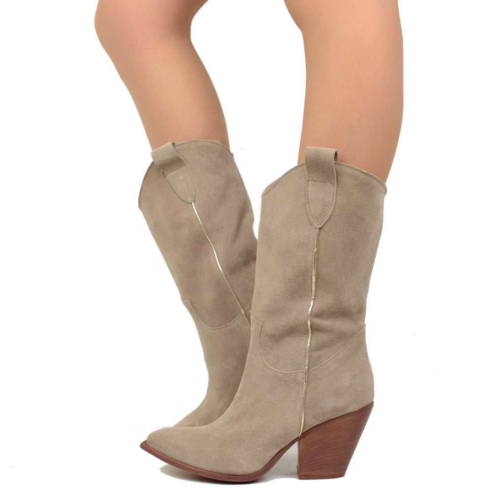 Taupe Suede Cowboy Boots with High Heels