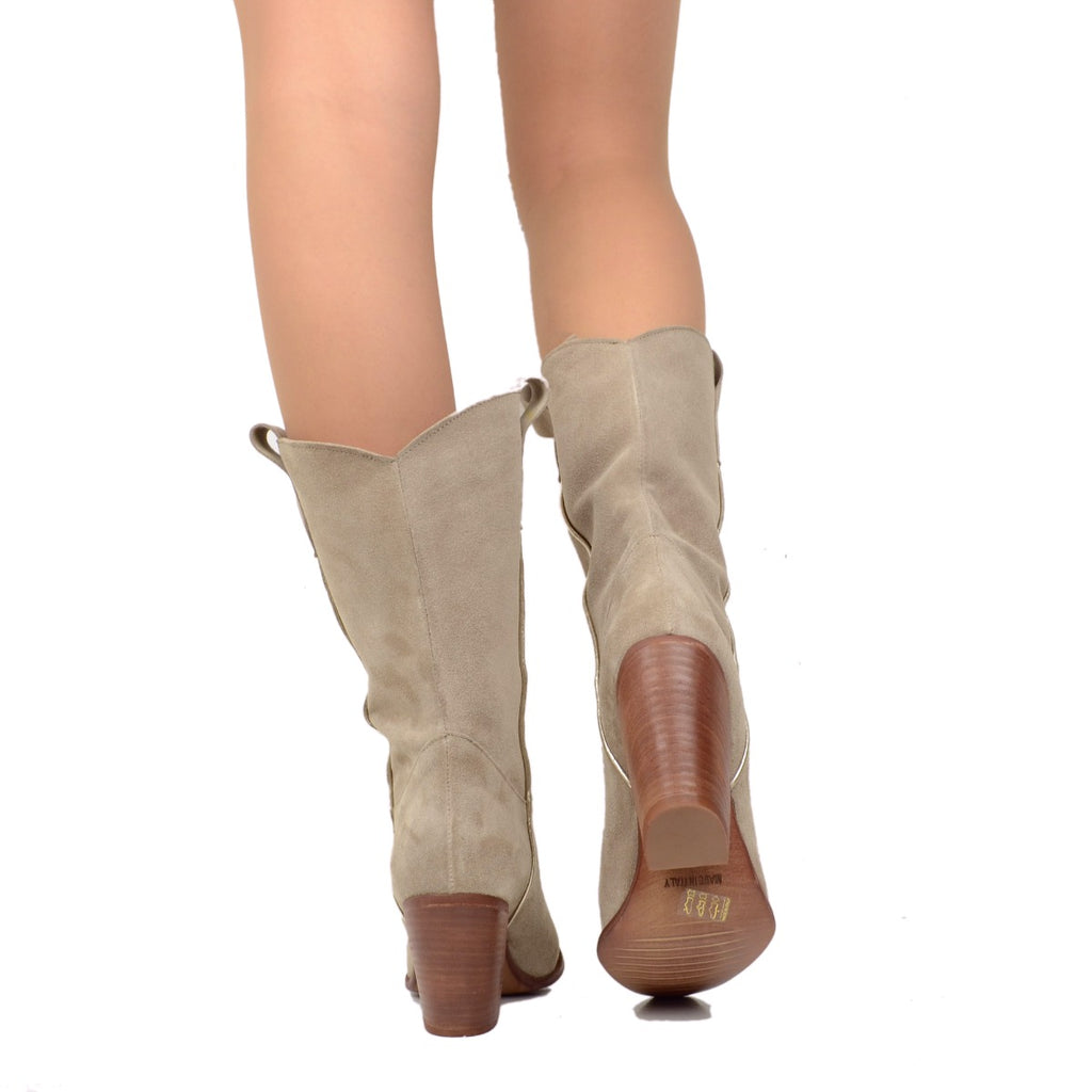 Taupe Suede Cowboy Boots with High Heels - 3