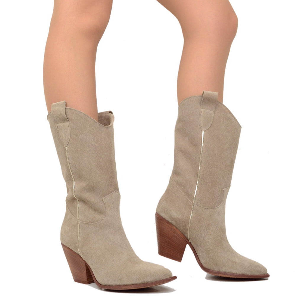 Taupe Suede Cowboy Boots with High Heels - 4