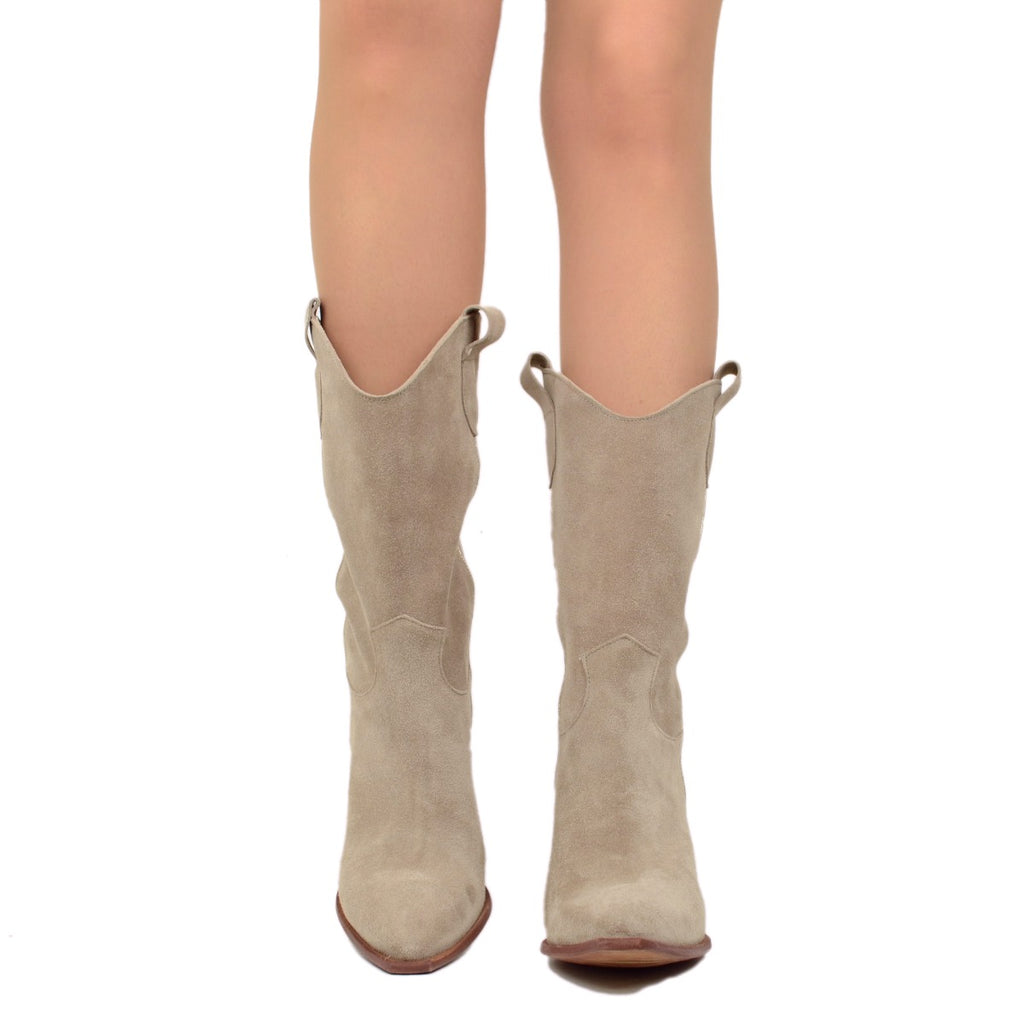 Taupe Suede Cowboy Boots with High Heels - 6