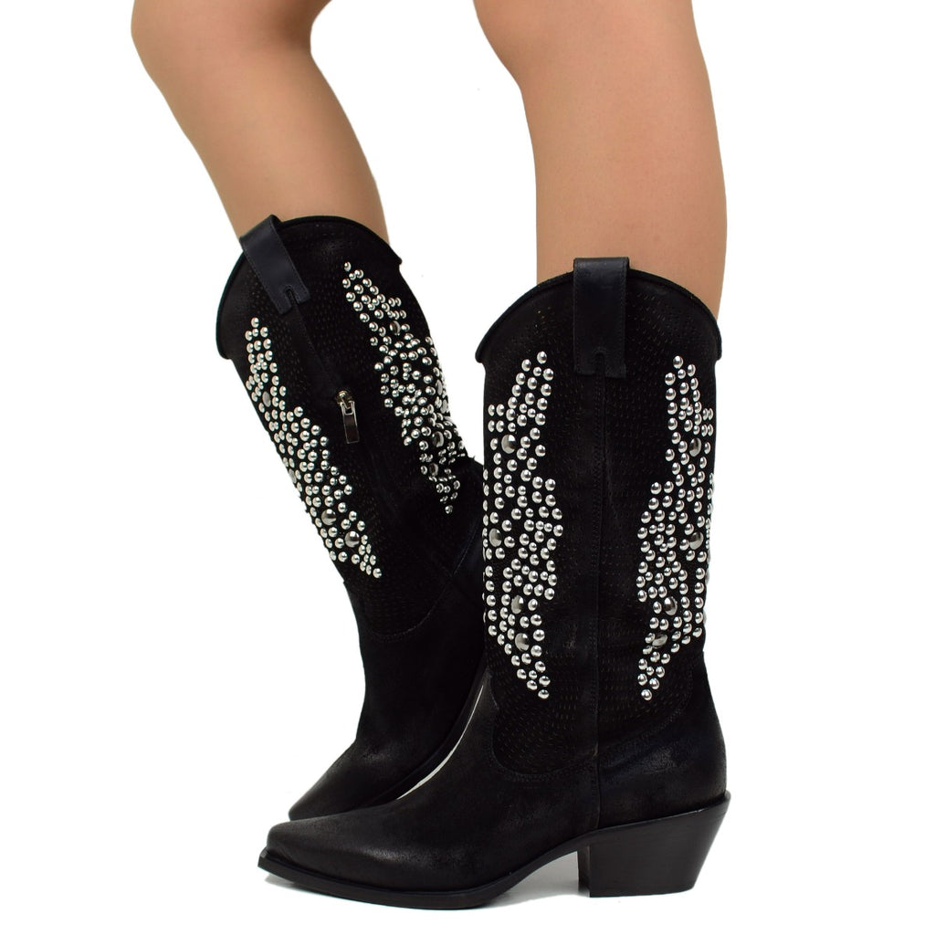 Black Perforated Texan Boots in Suede with Studs