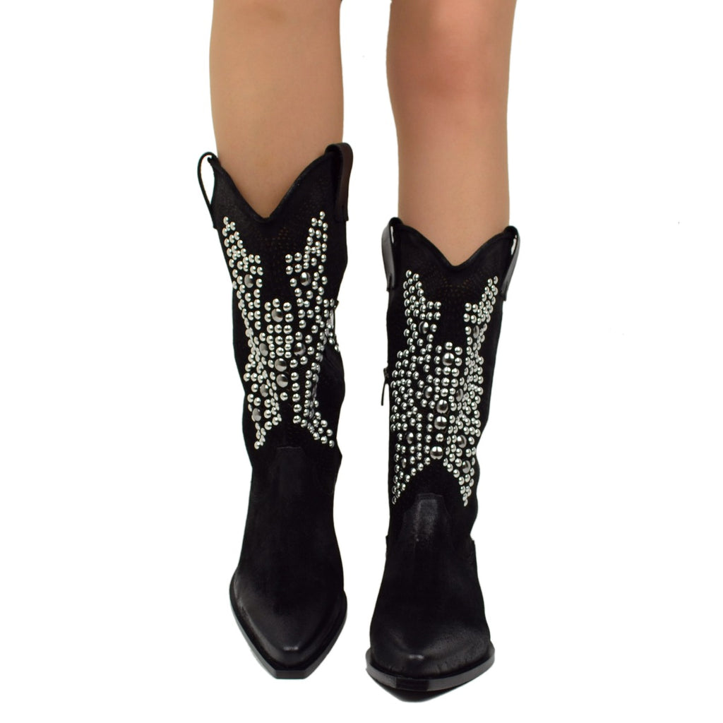 Black Perforated Texan Boots in Suede with Studs - 2