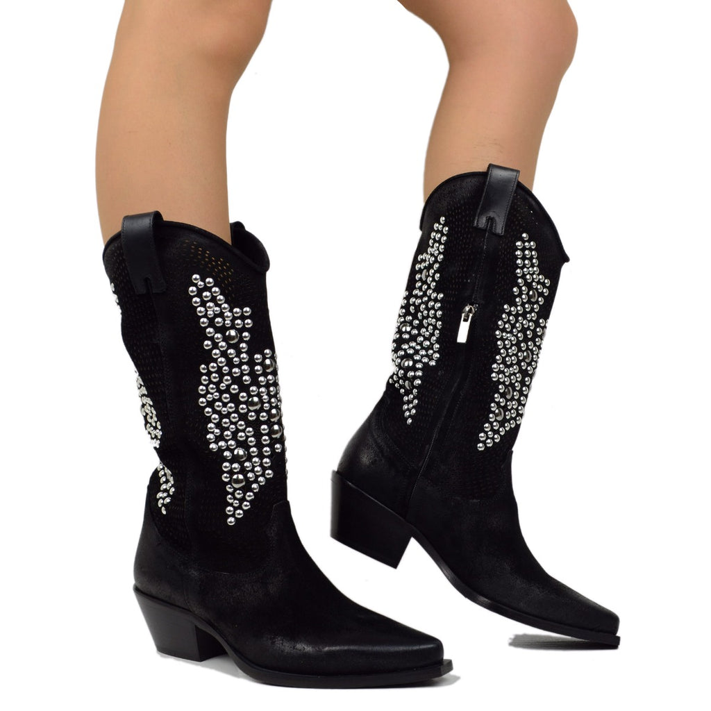 Black Perforated Texan Boots in Suede with Studs - 3