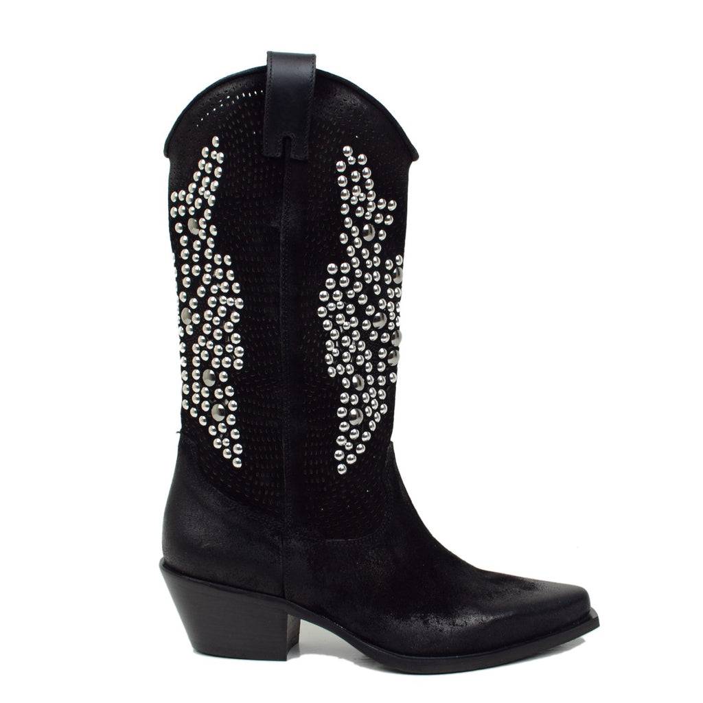 Black Perforated Texan Boots in Suede with Studs - 4