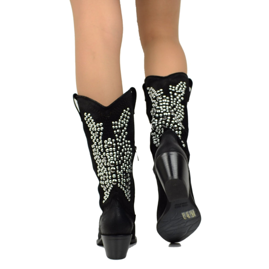 Black Perforated Texan Boots in Suede with Studs - 5