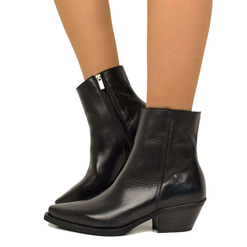 Women's Cowboy Boots in Black Leather with Zip