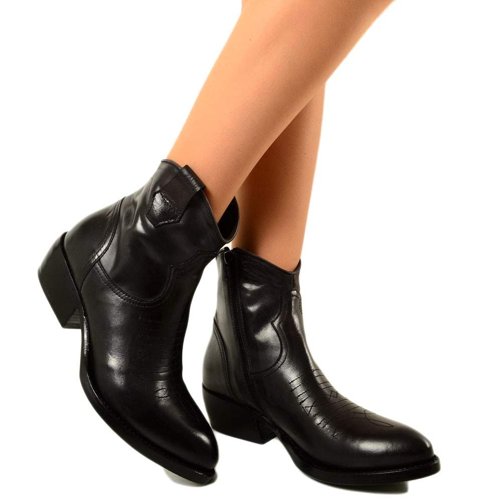 Women's Cowboy Boots in Black Vintage Leather Made in Italy - 3