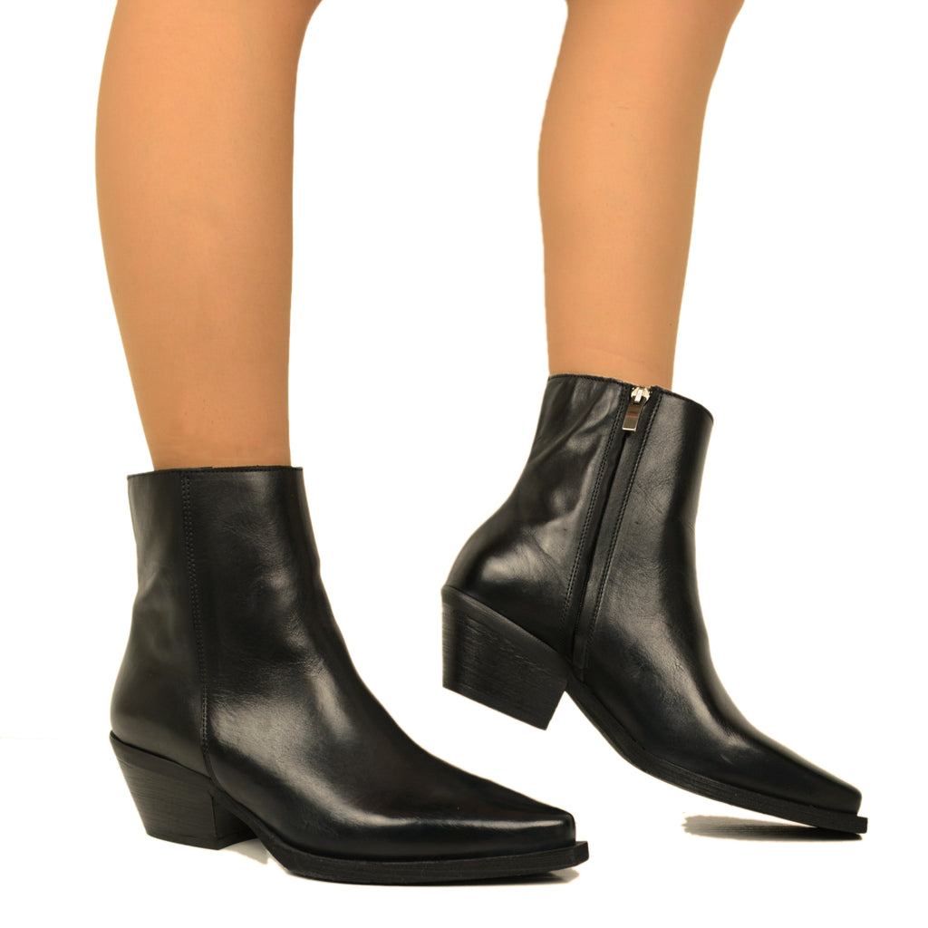 Women's Cowboy Boots in Black Leather with Zip - 3