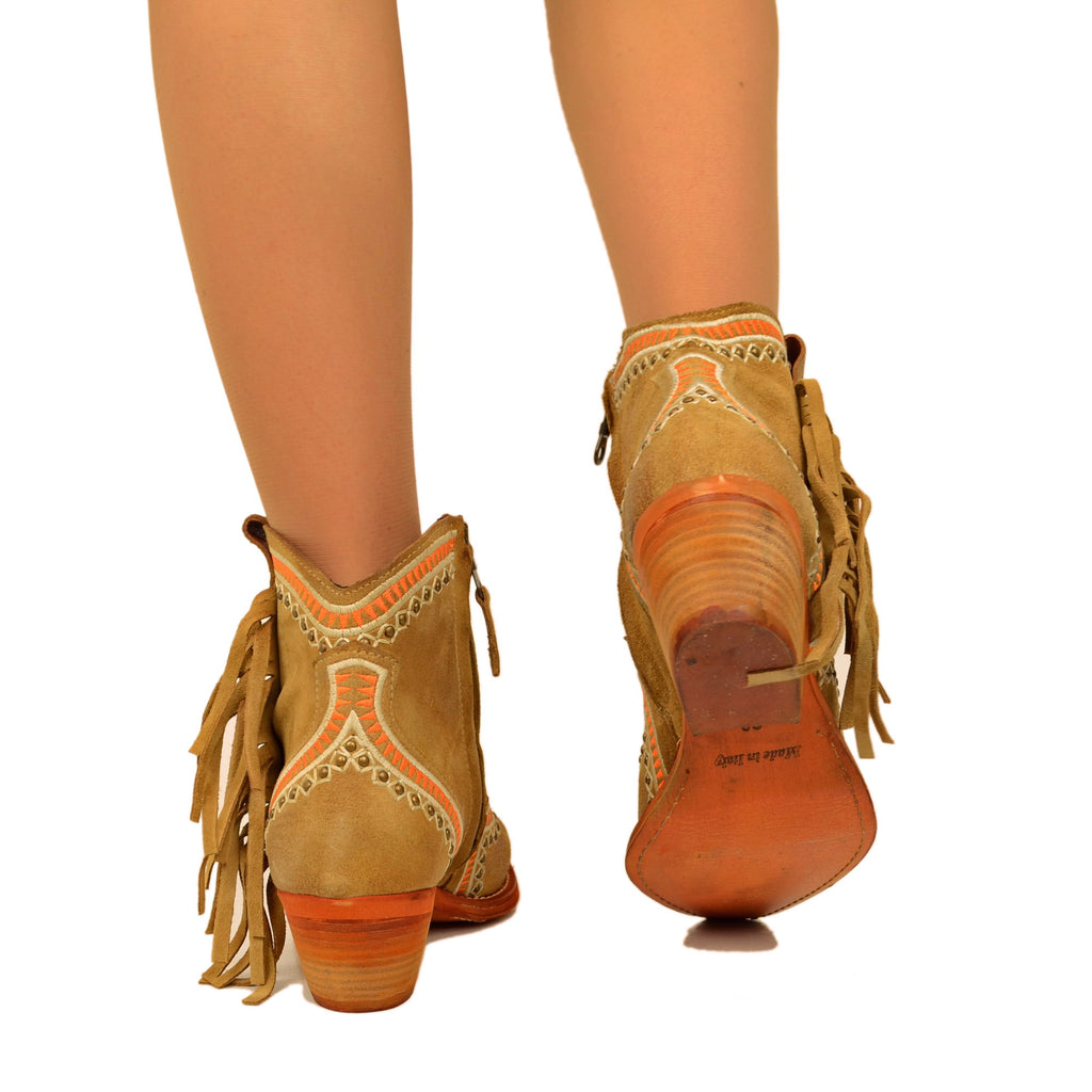 Texan Leather Ankle Boots in Suede with Studs and Fringes - 4