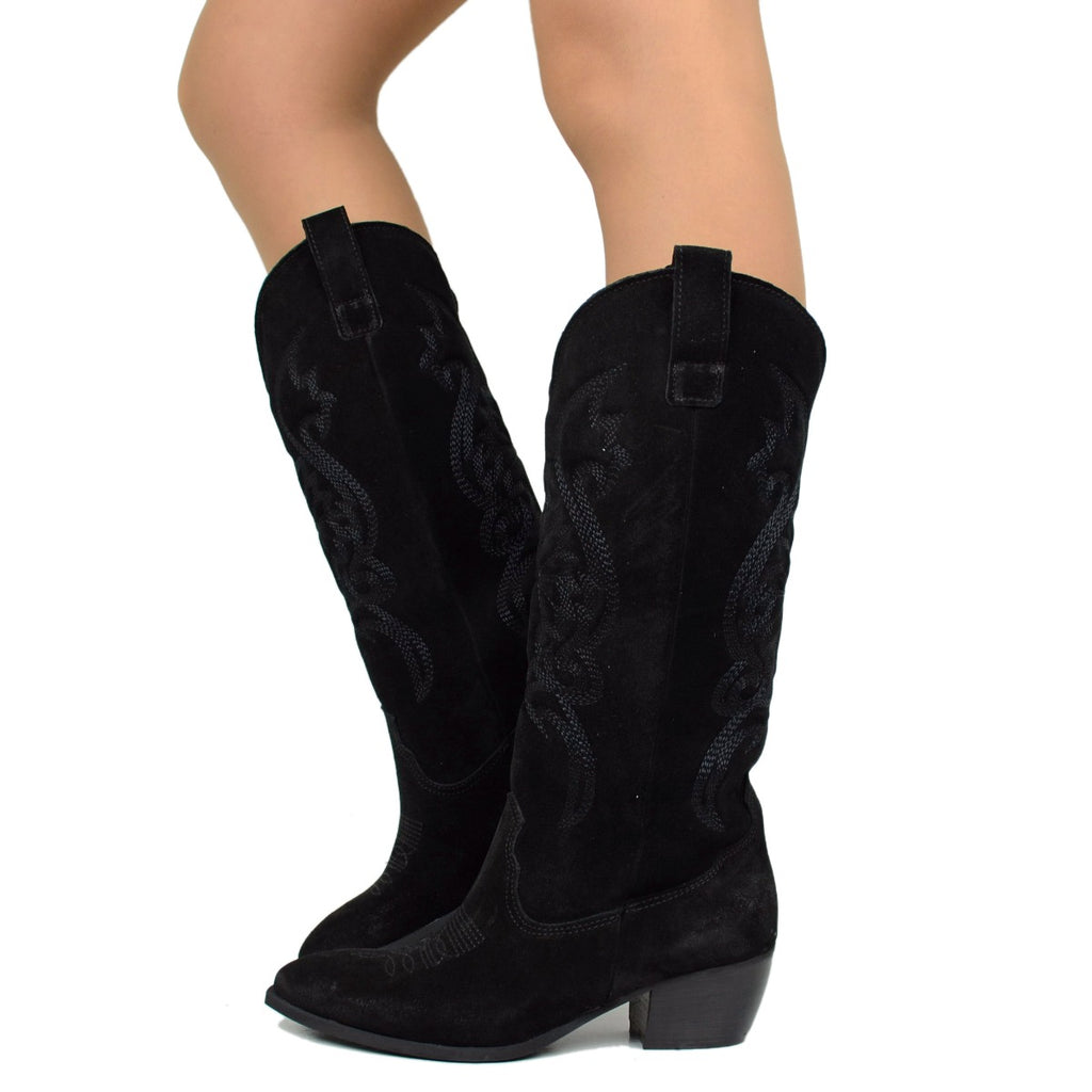 Schwarze Texan-Damenstiefel aus Wildleder, hergestellt in Italien