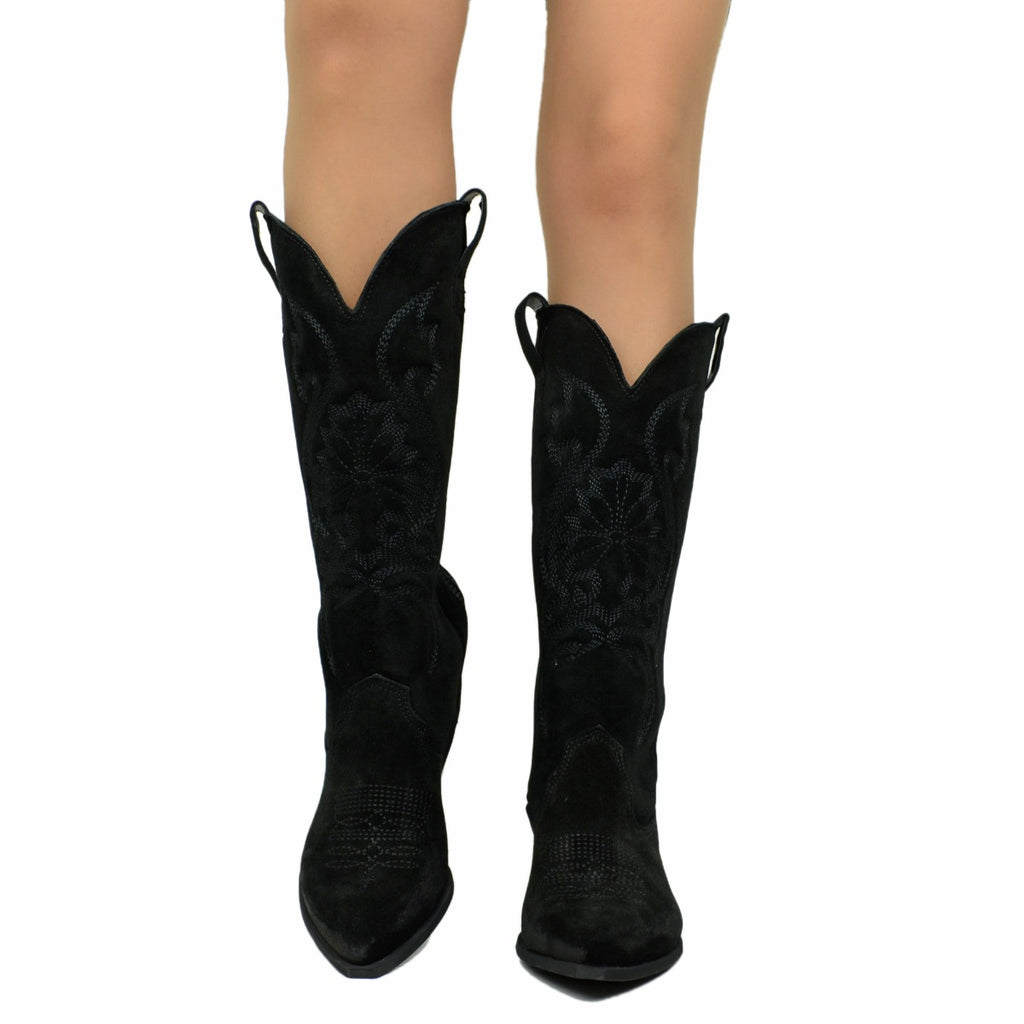 Schwarze Texan-Damenstiefel aus Wildleder, hergestellt in Italien - 3