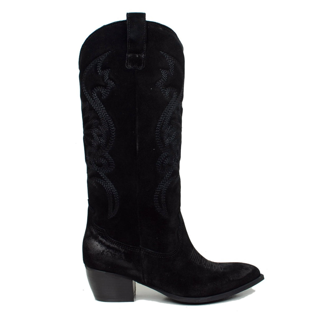 Schwarze Texan-Damenstiefel aus Wildleder, hergestellt in Italien - 2