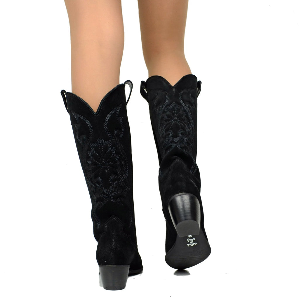 Schwarze Texan-Damenstiefel aus Wildleder, hergestellt in Italien - 5