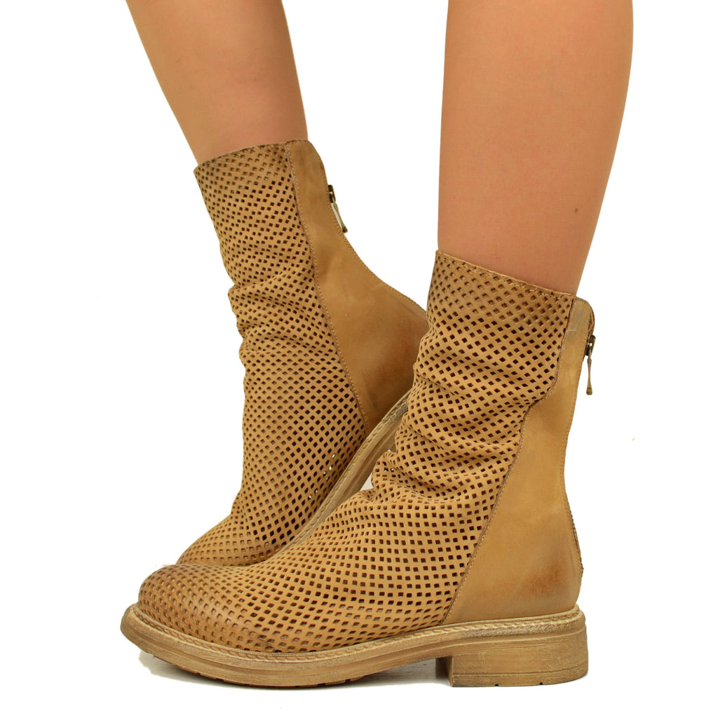 Women's Biker Ankle Boots Perforated in Tan Leather with Zip