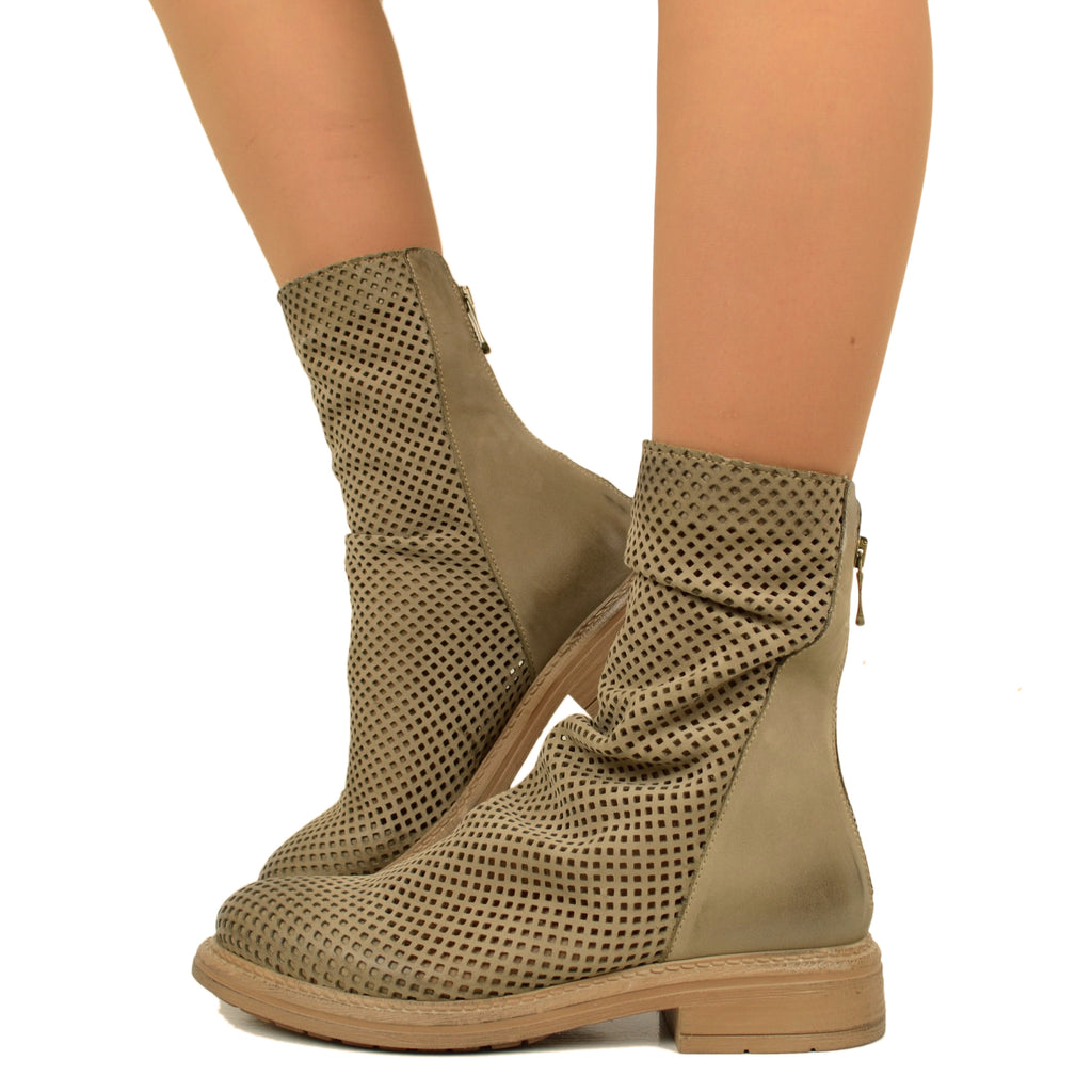 Women's Biker Ankle Boots Perforated in Taupe Leather with Zip