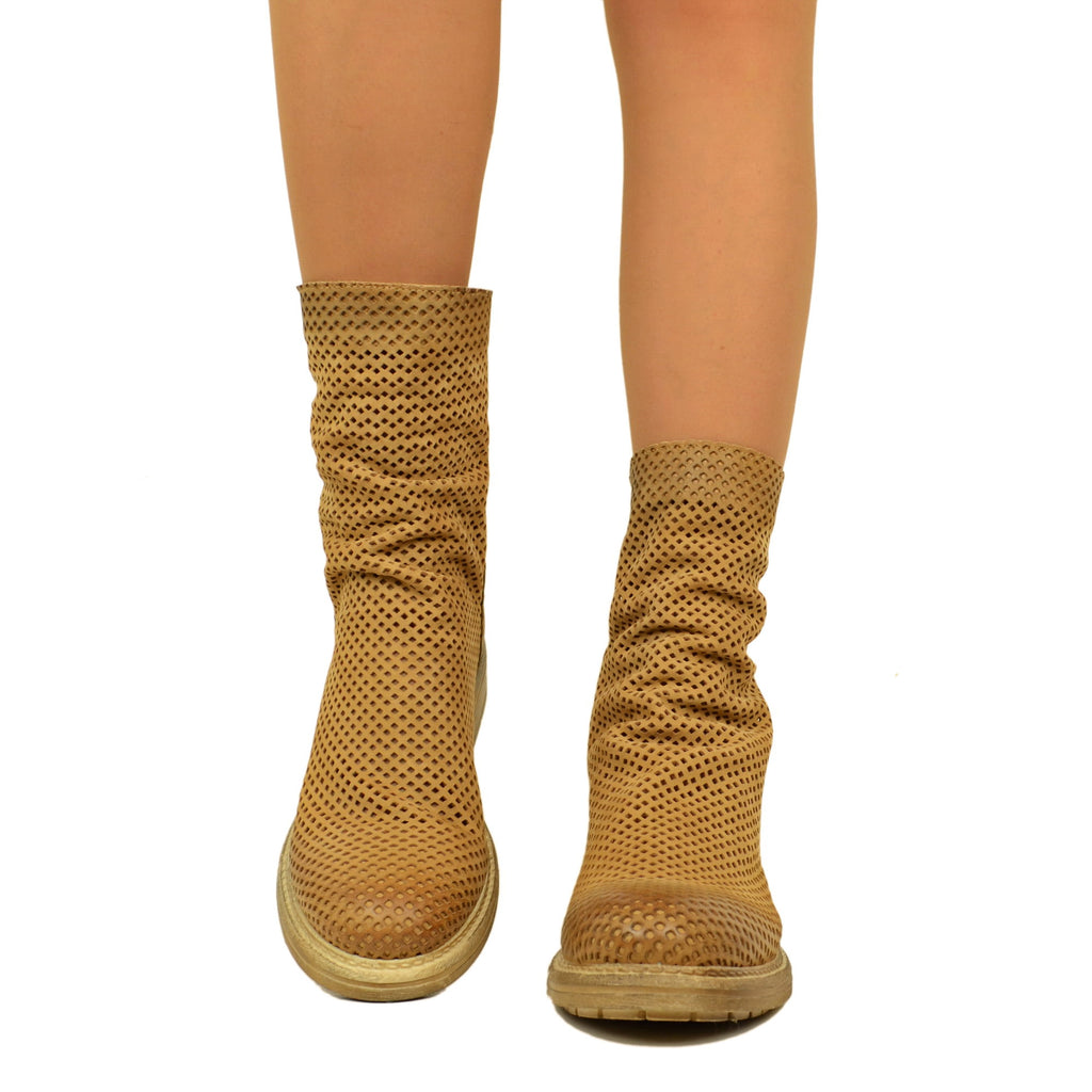 Women's Biker Ankle Boots Perforated in Tan Leather with Zip - 3