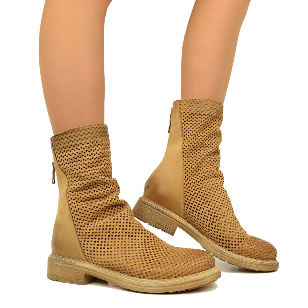 Women's Biker Ankle Boots Perforated in Tan Leather with Zip - 4