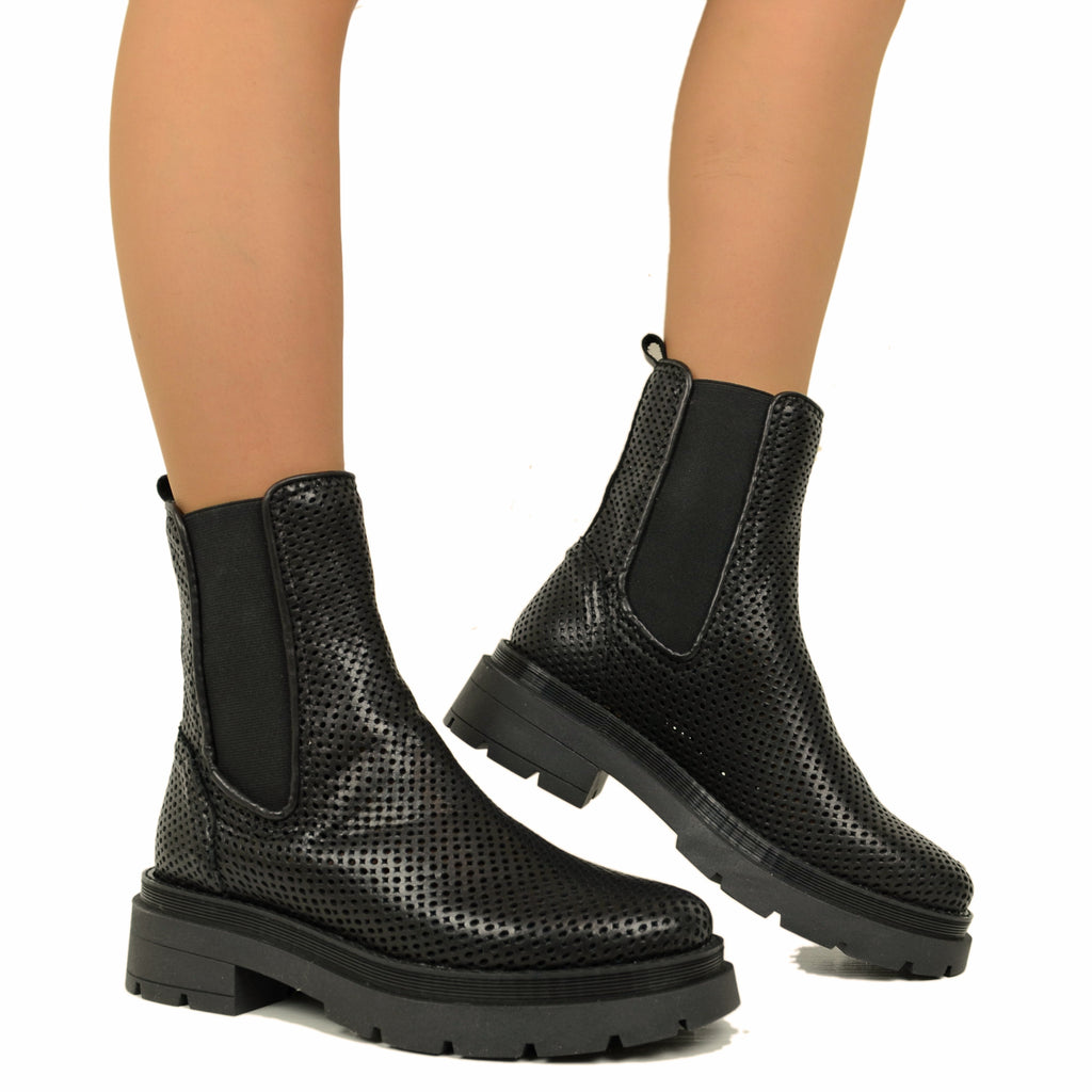 Women's Black Perforated Beatles Ankle Boots Made in Italy - 4
