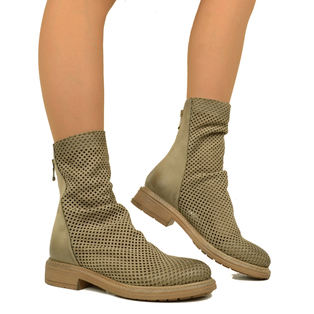 Women's Biker Ankle Boots Perforated in Taupe Leather with Zip - 3