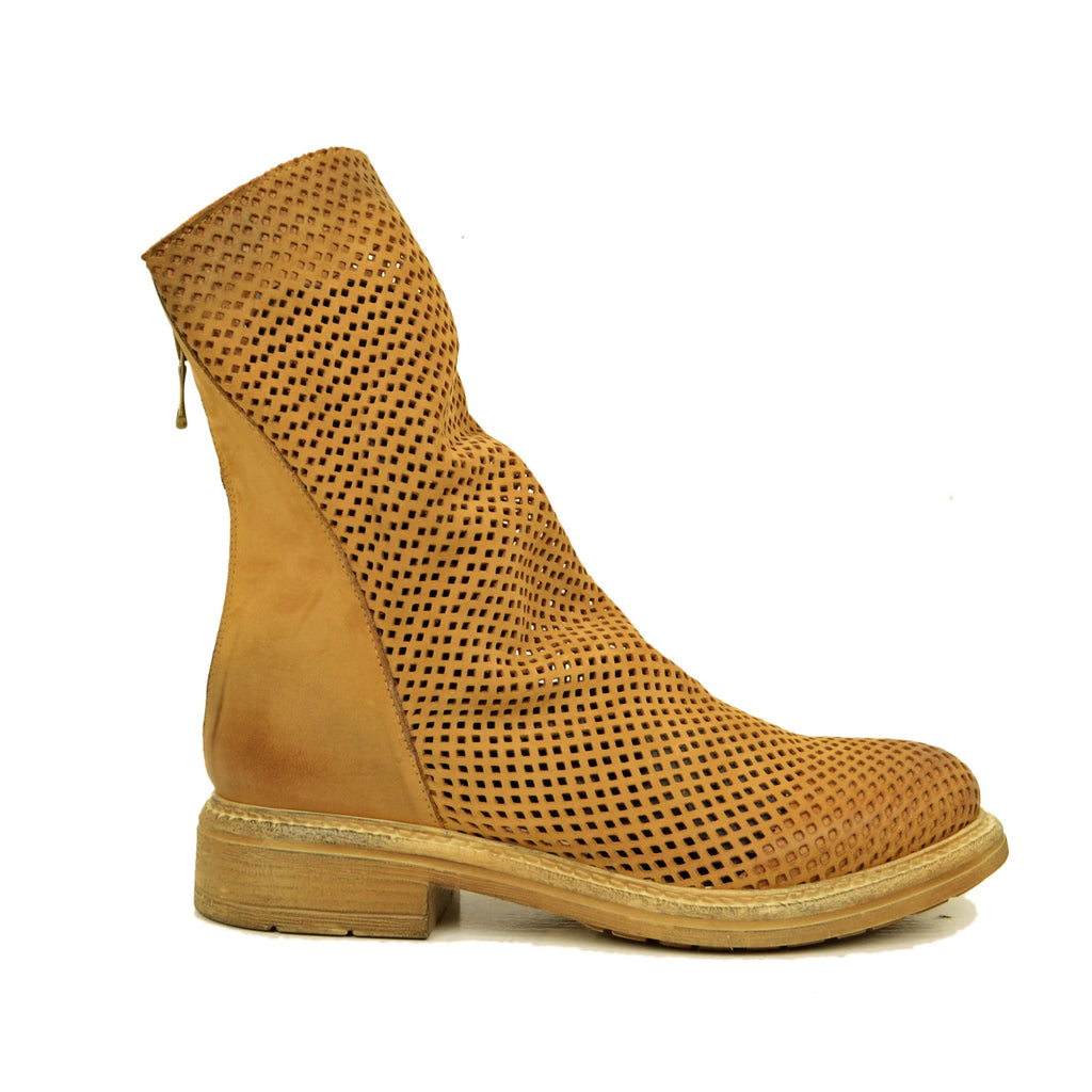 Women's Biker Ankle Boots Perforated in Tan Leather with Zip - 6