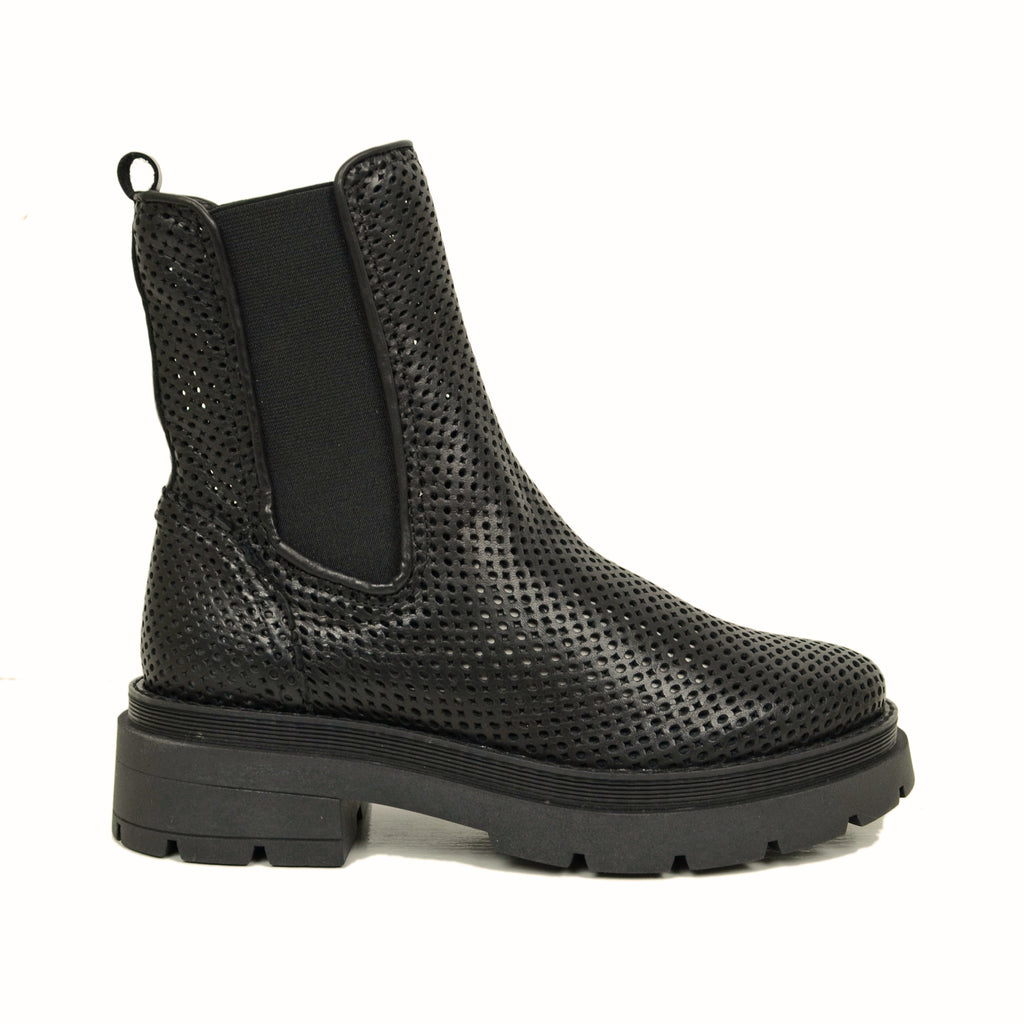 Schwarze, perforierte Beatles-Stiefeletten für Damen, hergestellt in Italien - 2