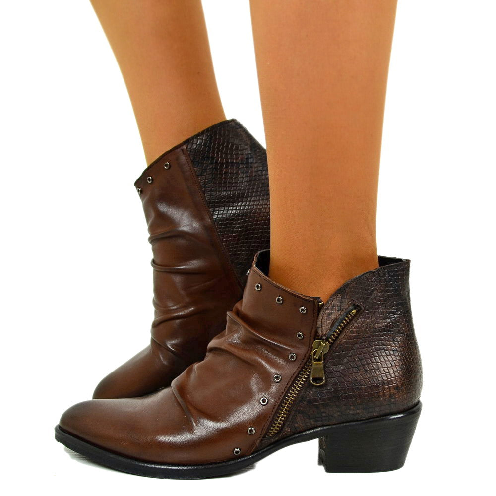 Women's Ankle Boots in Python Effect Brown Leather Made in Italy
