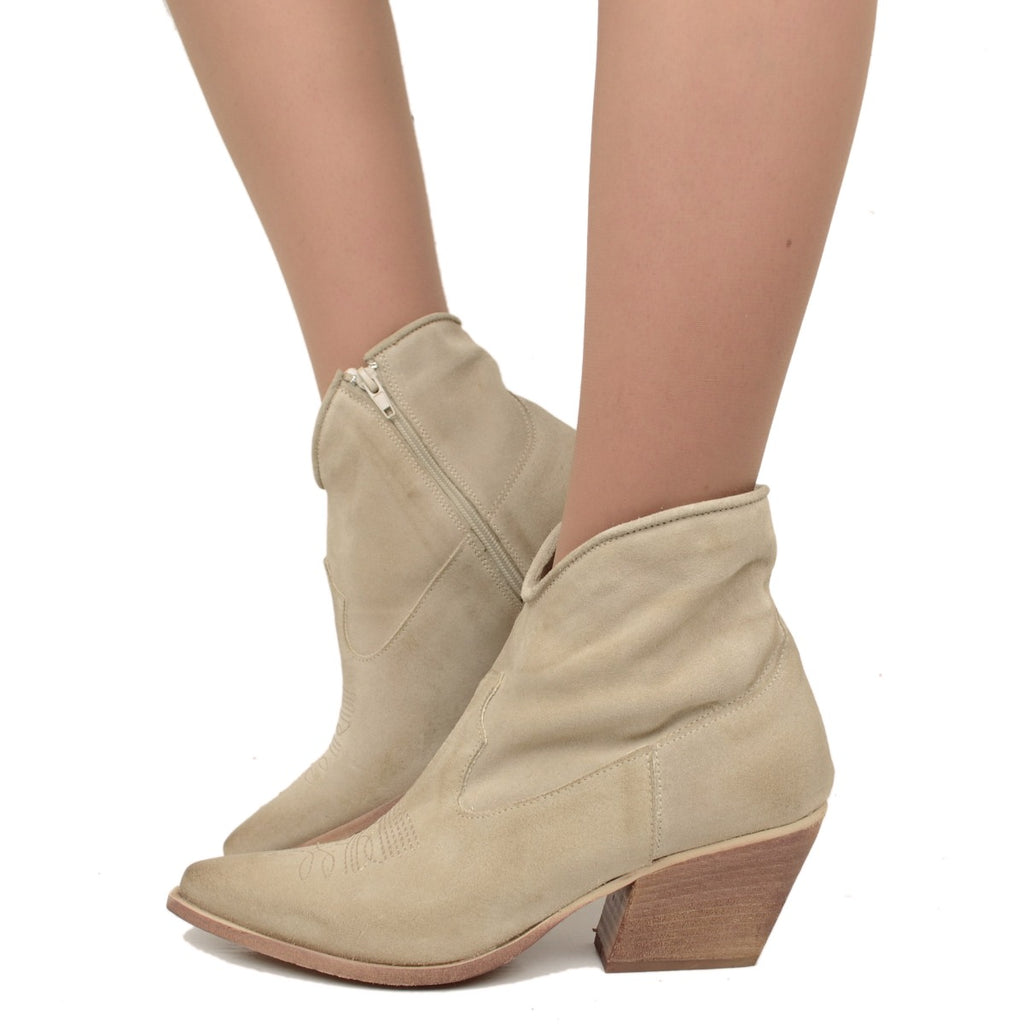 Women's Summer Ankle Boots in Beige Suede Leather