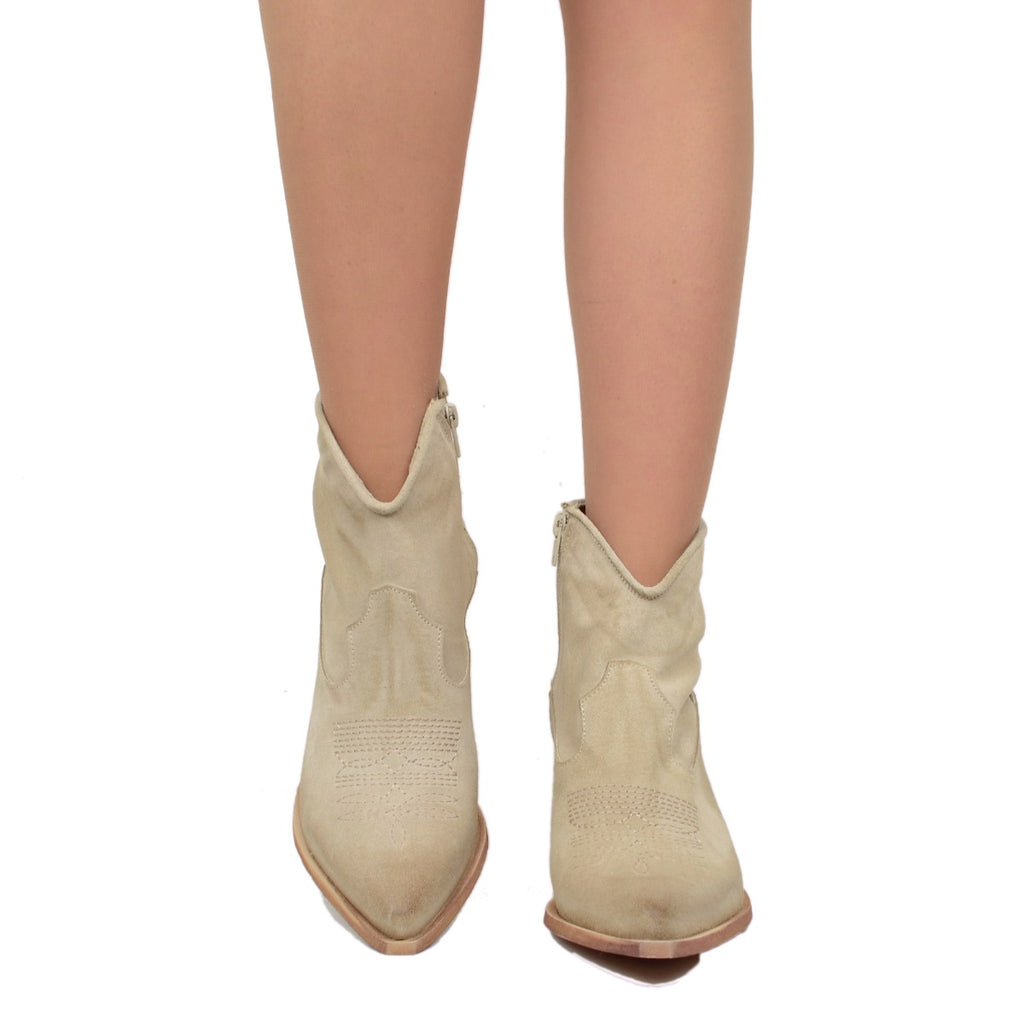 Women's Summer Ankle Boots in Beige Suede Leather - 2