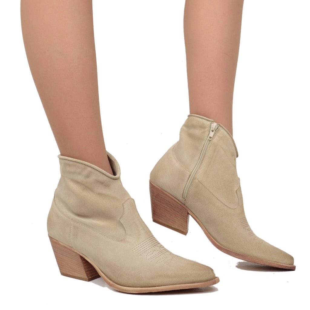 Women's Summer Ankle Boots in Beige Suede Leather - 3