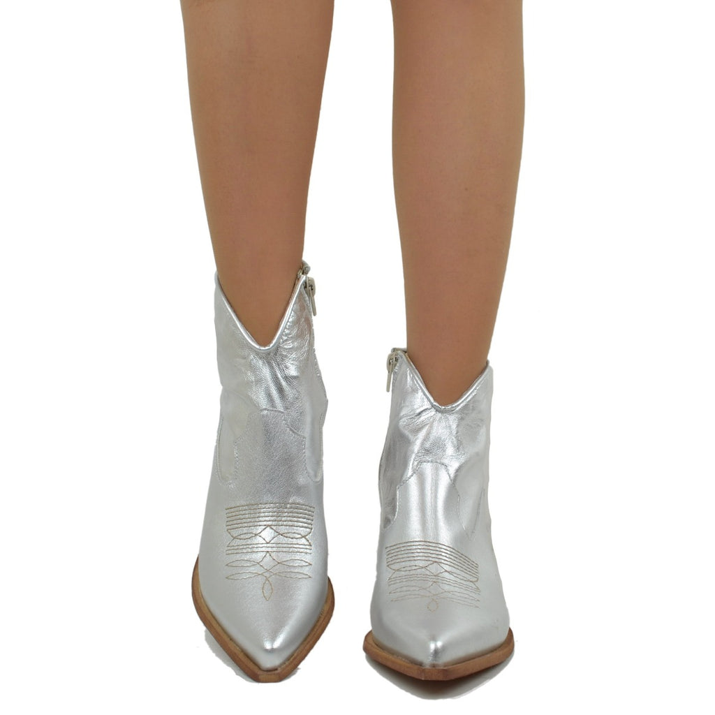 Women's Summer Cowboy Boots in Silver Laminated Leather - 3