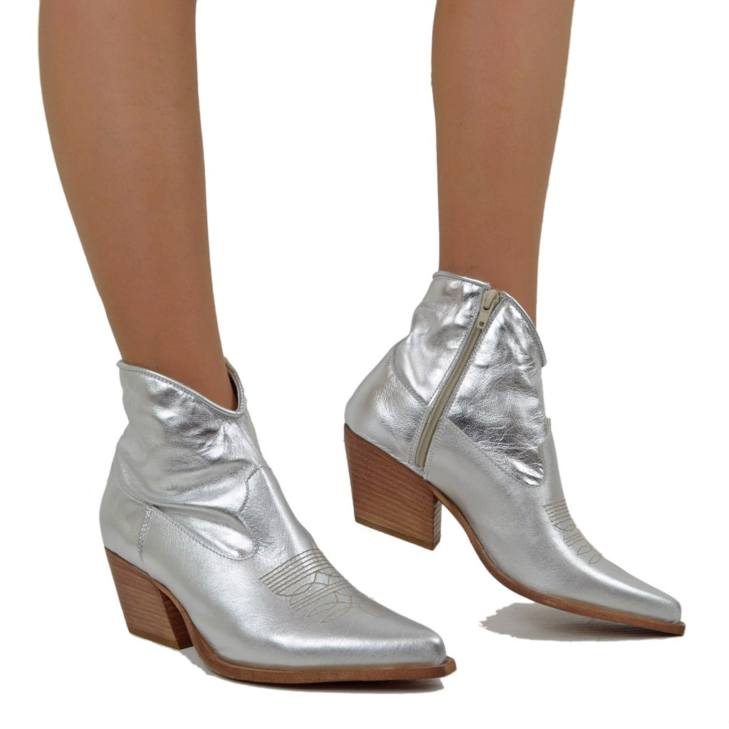 Women's Summer Cowboy Boots in Silver Laminated Leather - 4