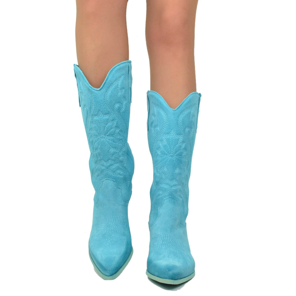 Women's Summer Texan Boots in Turquoise Suede Leather - 3
