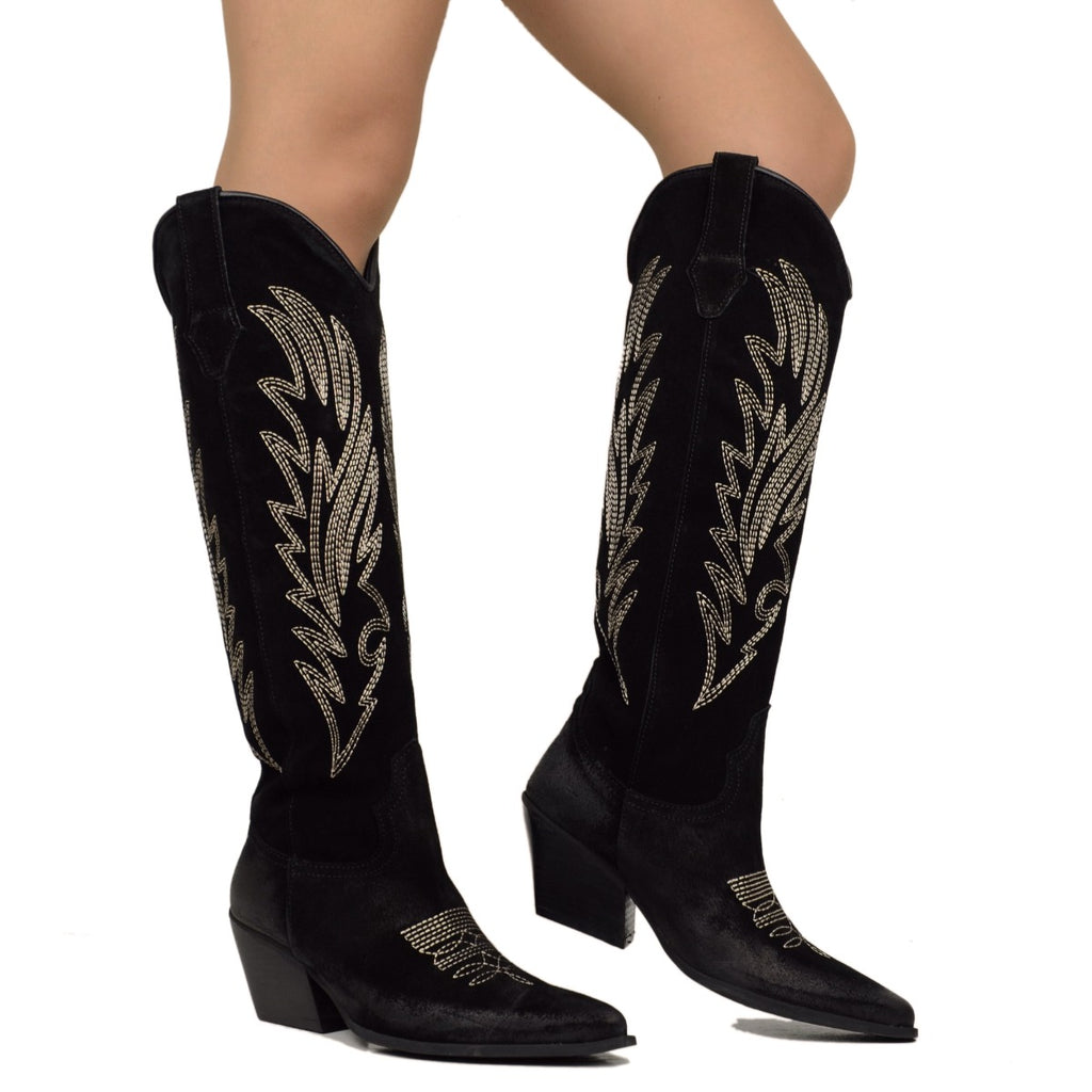 Schwarze Texan-Stiefel aus Wildleder mit Made in Italy-Nähten - 4