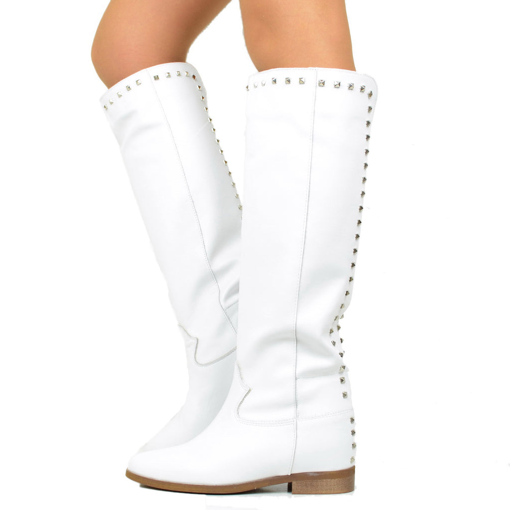 Women's White Leather Boots with Studs and Internal Wedge