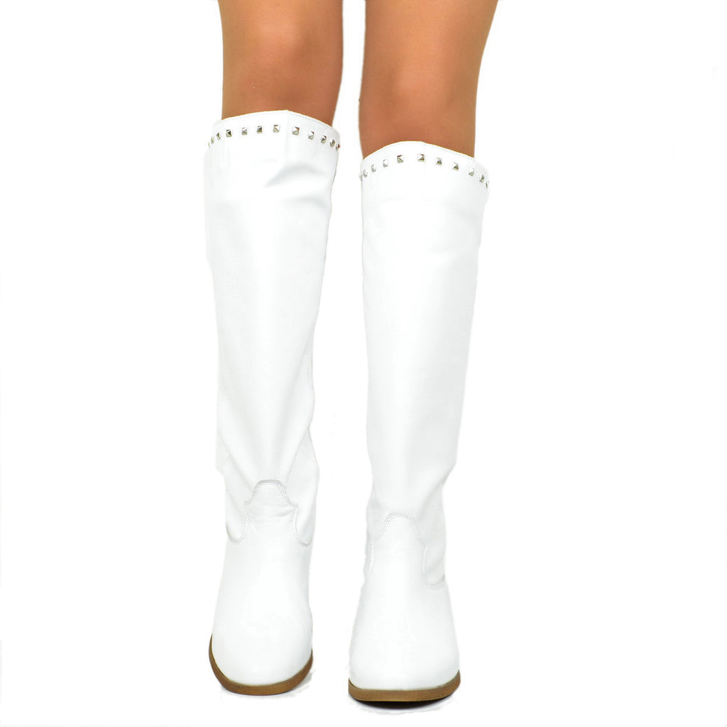 Women's White Leather Boots with Studs and Internal Wedge - 3